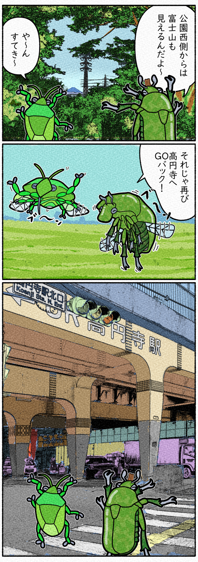 平和の森公園から富士山を見て高円寺に戻るカナブンとカメムシ