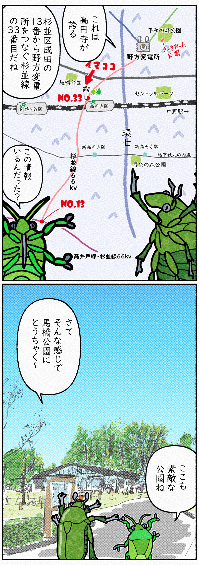 高圧線の鉄塔の話をしながら馬橋公園まで歩くカナブンとカメムシ