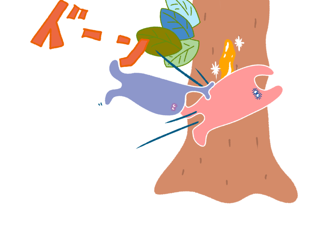 蜜を取り合うカブトムシとクワガタ